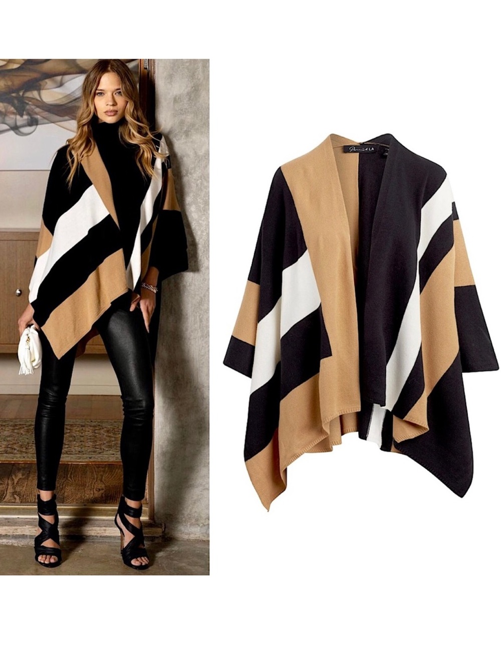 Parrish LA Poncho Blanket Sweater Color-Block Black Camel Lagenlook Minimalist